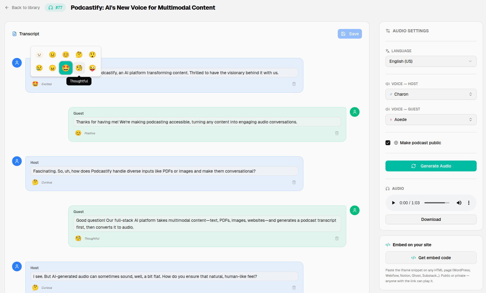 Edit the transcript, then generate the audio